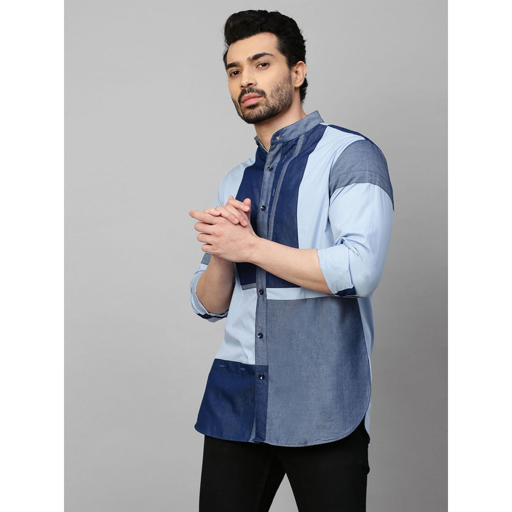 Echke Blue Shirt with Chinese Collar and Denim Patchwork