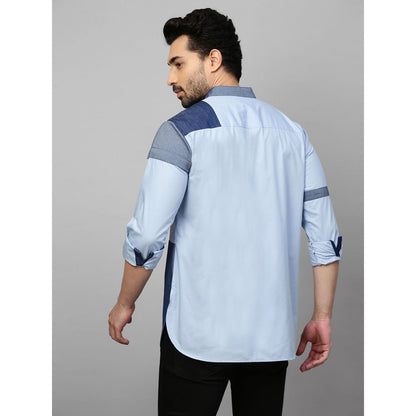 Echke Blue Shirt with Chinese Collar and Denim Patchwork