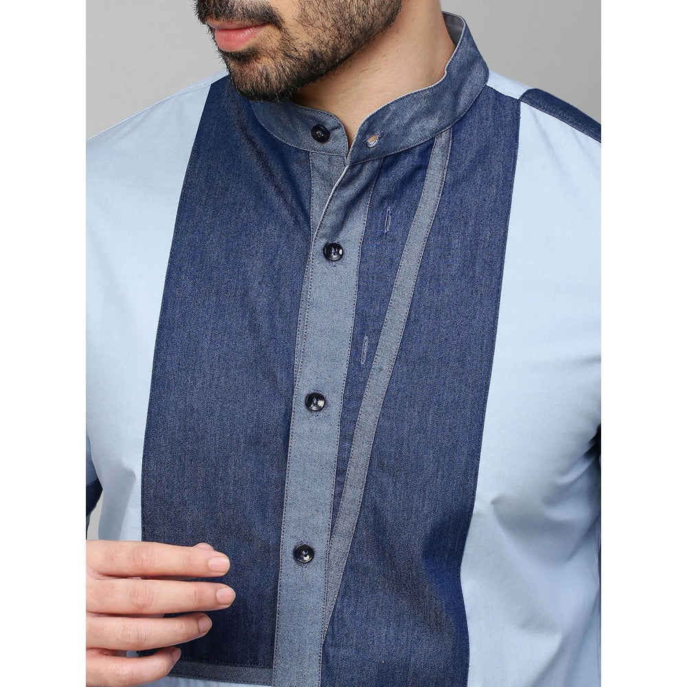 Echke Blue Shirt with Chinese Collar and Denim Patchwork