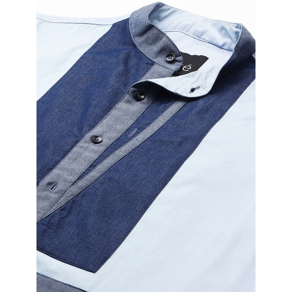 Echke Blue Shirt with Chinese Collar and Denim Patchwork