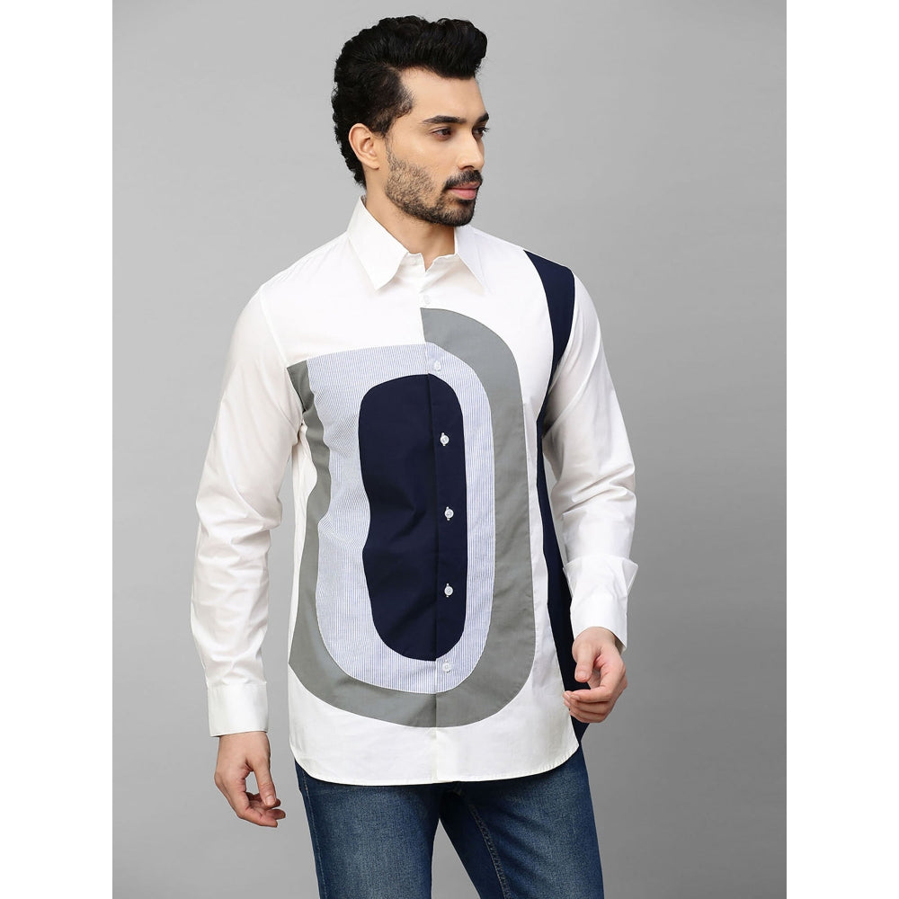 Echke White Shirt with Dark Blue & Grey and Light Blue Checks Patchwork on Chest