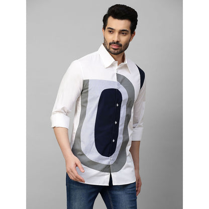 Echke White Shirt with Dark Blue & Grey and Light Blue Checks Patchwork on Chest