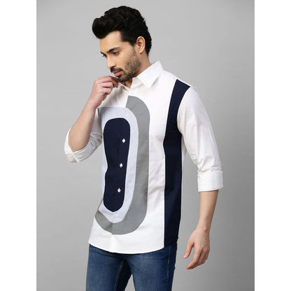 Echke White Shirt with Dark Blue & Grey and Light Blue Checks Patchwork on Chest