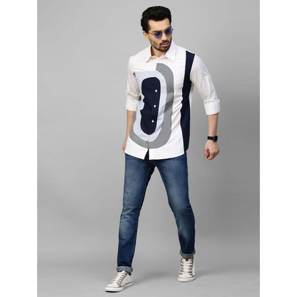 Echke White Shirt with Dark Blue & Grey and Light Blue Checks Patchwork on Chest