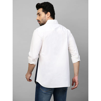 Echke White Shirt with Dark Blue & Grey and Light Blue Checks Patchwork on Chest
