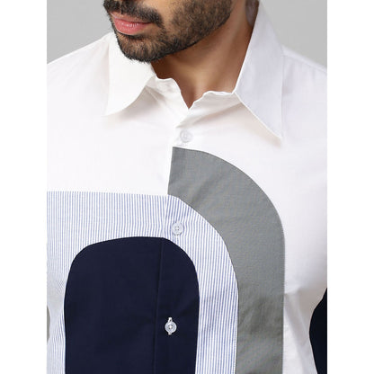 Echke White Shirt with Dark Blue & Grey and Light Blue Checks Patchwork on Chest
