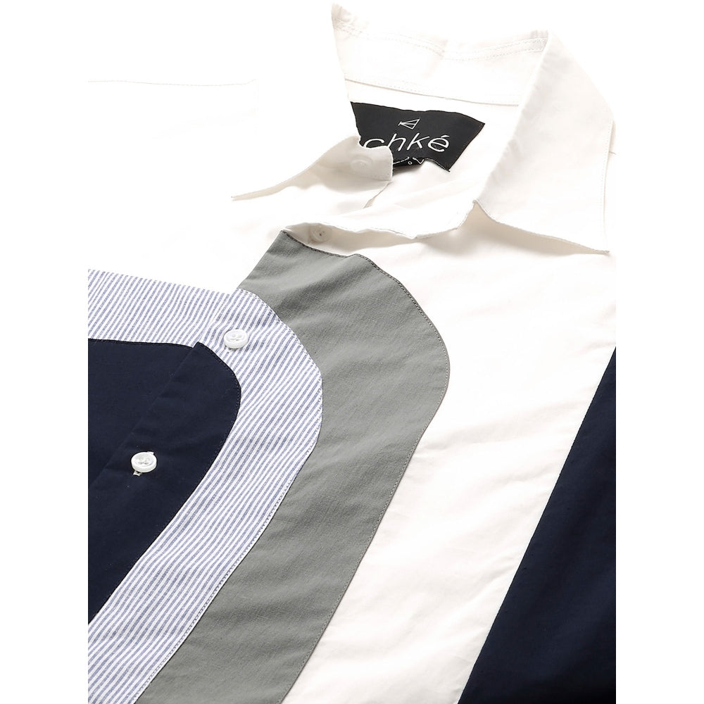 Echke White Shirt with Dark Blue & Grey and Light Blue Checks Patchwork on Chest