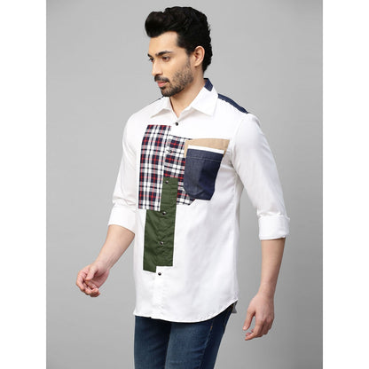 Echke White Shirt with Denim and Multicolor Patchwork on Shoulders Placket and Pocket