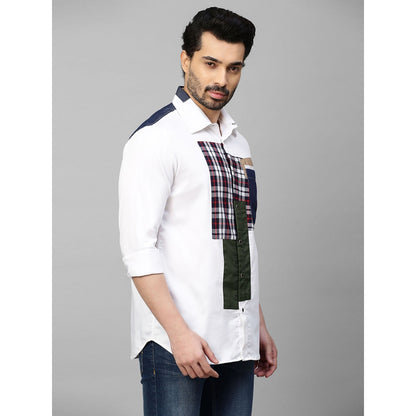 Echke White Shirt with Denim and Multicolor Patchwork on Shoulders Placket and Pocket