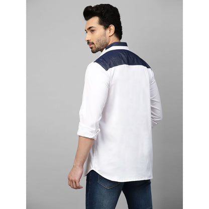 Echke White Shirt with Denim and Multicolor Patchwork on Shoulders Placket and Pocket