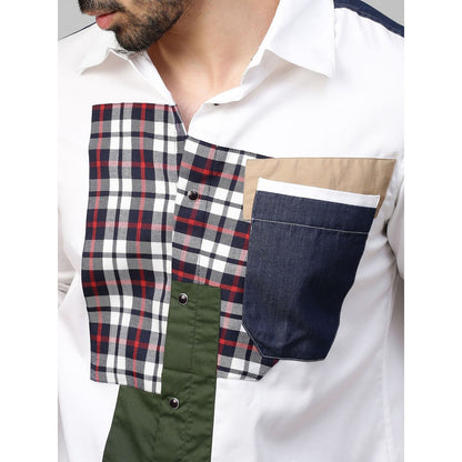 Echke White Shirt with Denim and Multicolor Patchwork on Shoulders Placket and Pocket