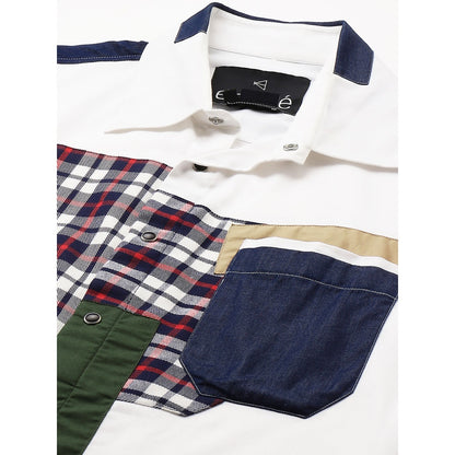 Echke White Shirt with Denim and Multicolor Patchwork on Shoulders Placket and Pocket