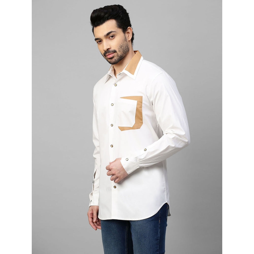 Echke White Shirt with Khaki Patchwork on Collar and Pocket