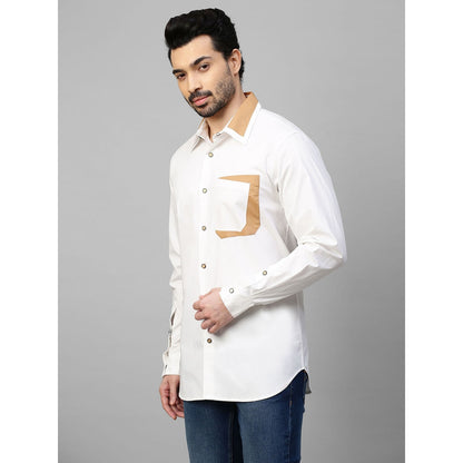 Echke White Shirt with Khaki Patchwork on Collar and Pocket