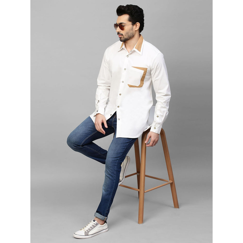 Echke White Shirt with Khaki Patchwork on Collar and Pocket