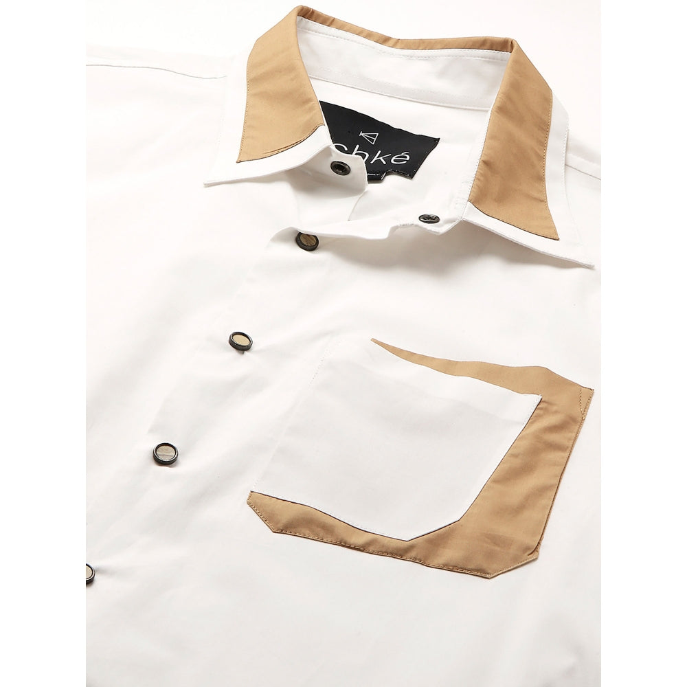 Echke White Shirt with Khaki Patchwork on Collar and Pocket