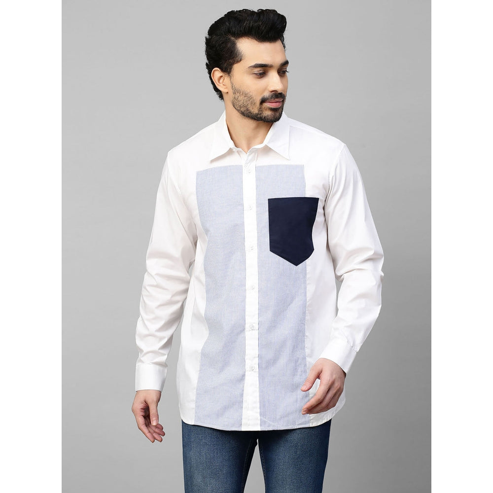 Echke White Shirt with Blue Stripes Panel on Chest and Dark Blue Pocket