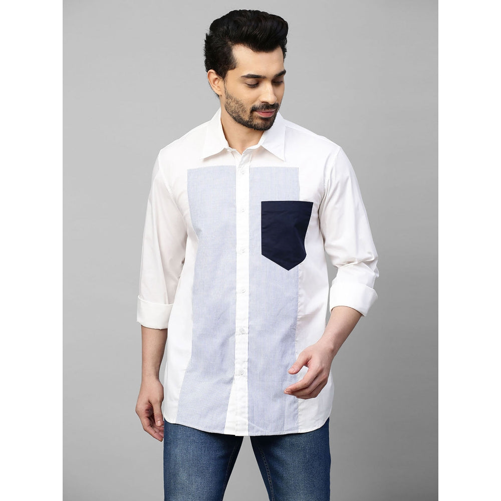 Echke White Shirt with Blue Stripes Panel on Chest and Dark Blue Pocket