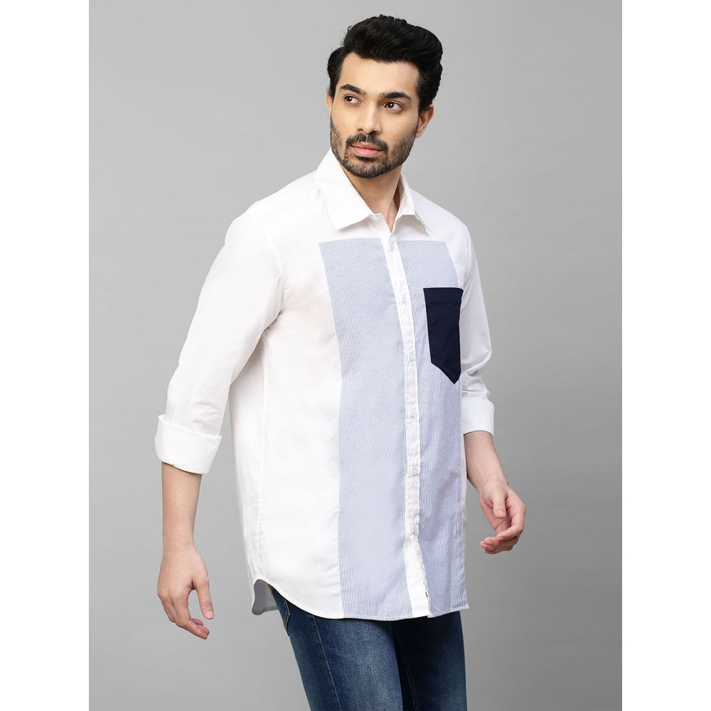 Echke White Shirt with Blue Stripes Panel on Chest and Dark Blue Pocket
