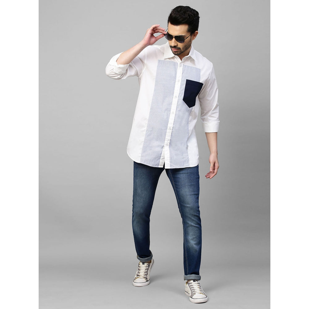 Echke White Shirt with Blue Stripes Panel on Chest and Dark Blue Pocket