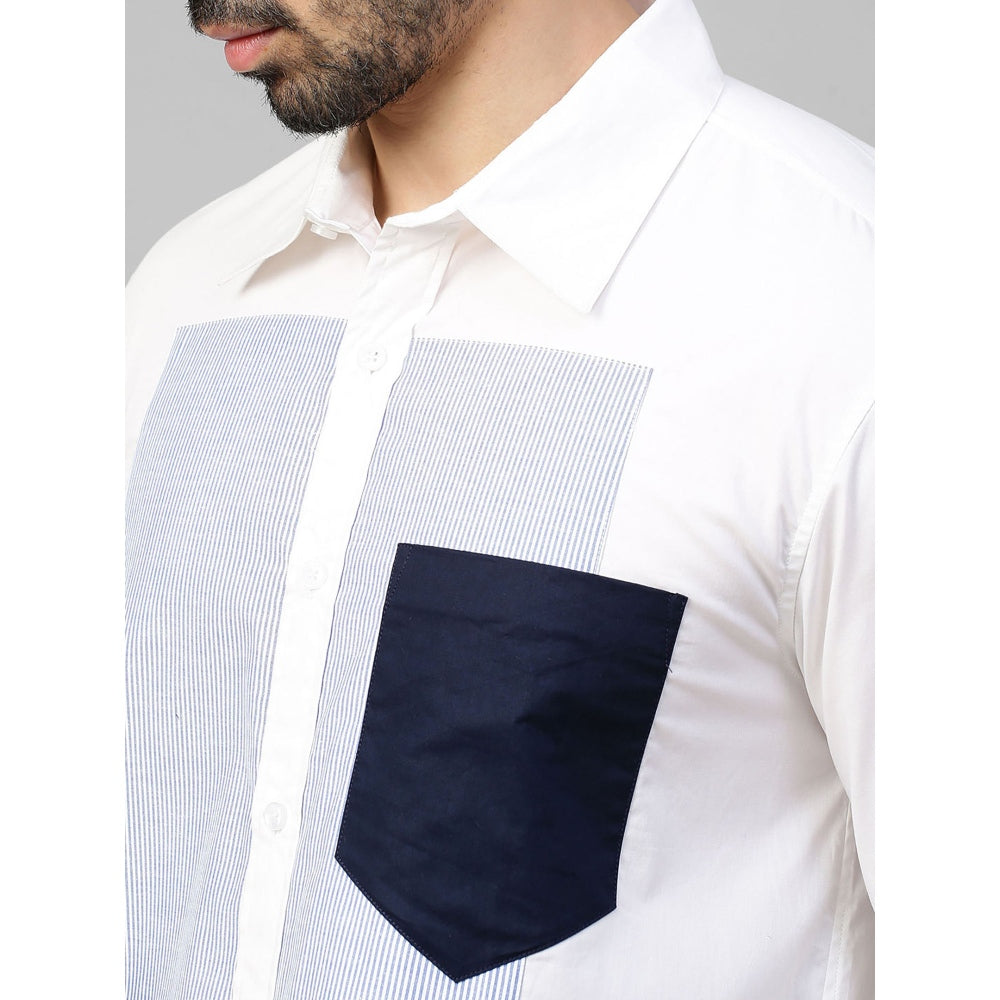 Echke White Shirt with Blue Stripes Panel on Chest and Dark Blue Pocket