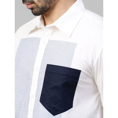 Echke White Shirt with Blue Stripes Panel on Chest and Dark Blue Pocket
