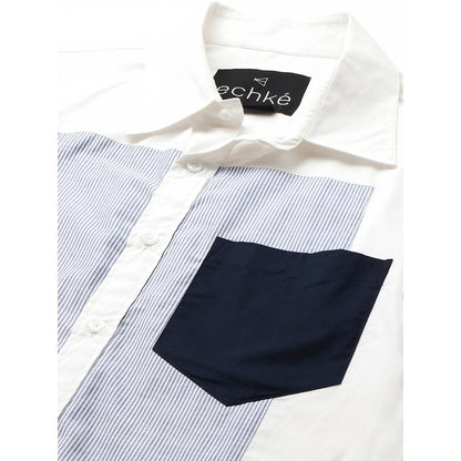 Echke White Shirt with Blue Stripes Panel on Chest and Dark Blue Pocket