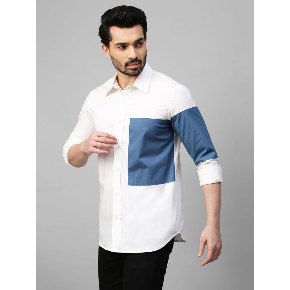 Echke White Shirt with Slate Blue Patch on Left Sleeve and Chest with Button Detailing