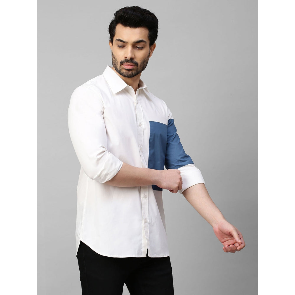 Echke White Shirt with Slate Blue Patch on Left Sleeve and Chest with Button Detailing
