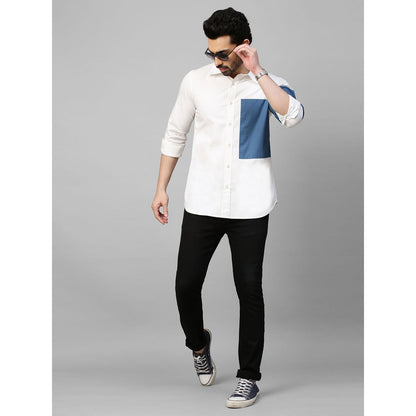 Echke White Shirt with Slate Blue Patch on Left Sleeve and Chest with Button Detailing