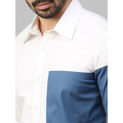 Echke White Shirt with Slate Blue Patch on Left Sleeve and Chest with Button Detailing