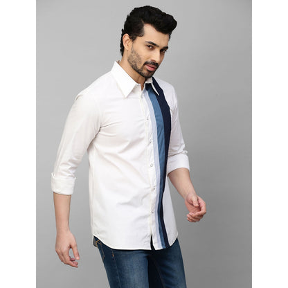 Echke White Shirt with Dark Blue and Slate Blue Vertical Panels on One Side