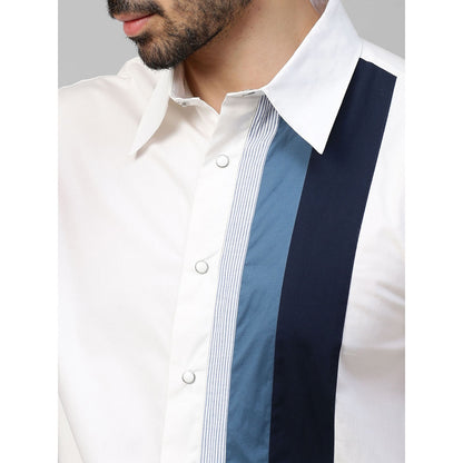 Echke White Shirt with Dark Blue and Slate Blue Vertical Panels on One Side
