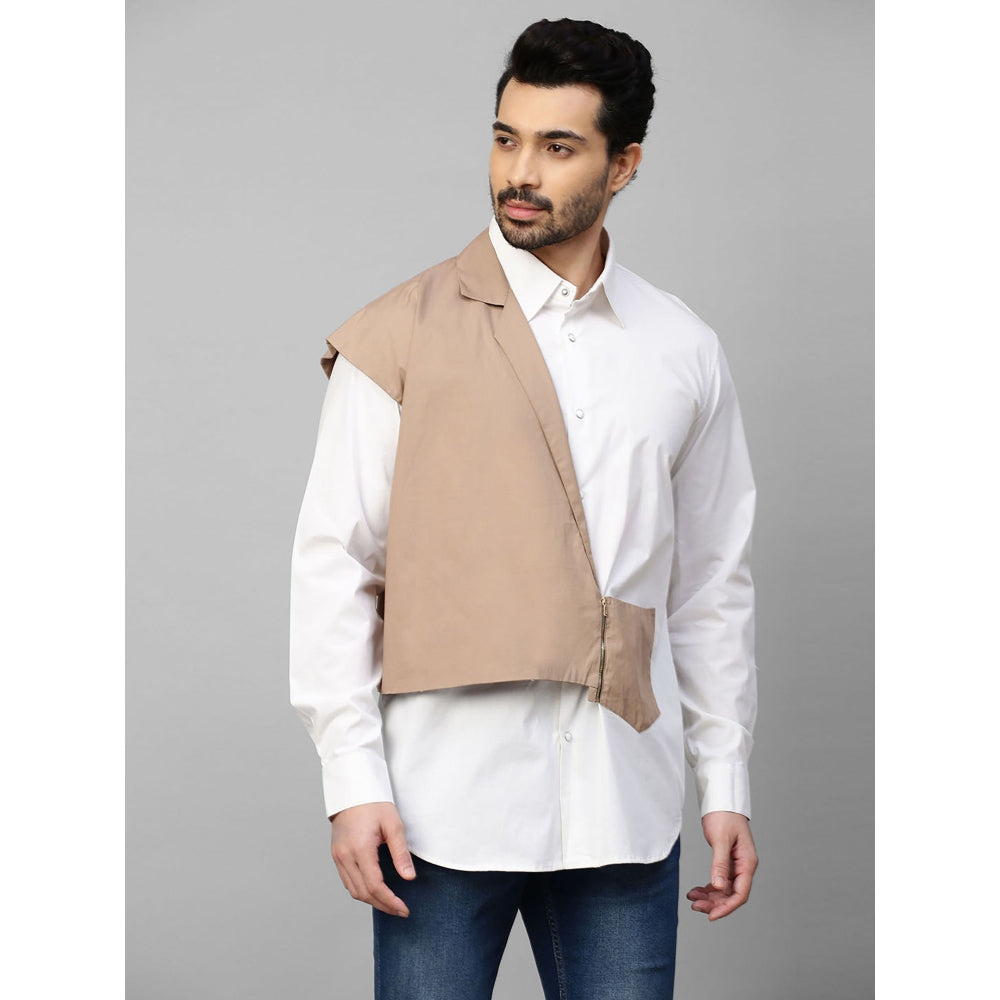 Echke White Shirt with Double Layered Khaki Zippered Jacket Feature
