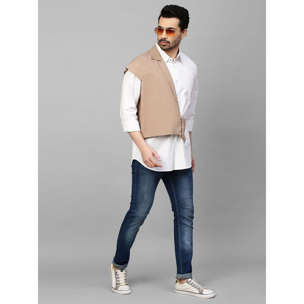 Echke White Shirt with Double Layered Khaki Zippered Jacket Feature