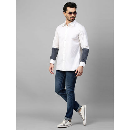 Echke White Shirt with Dark Denim and White Stitching Patch on Sleeves