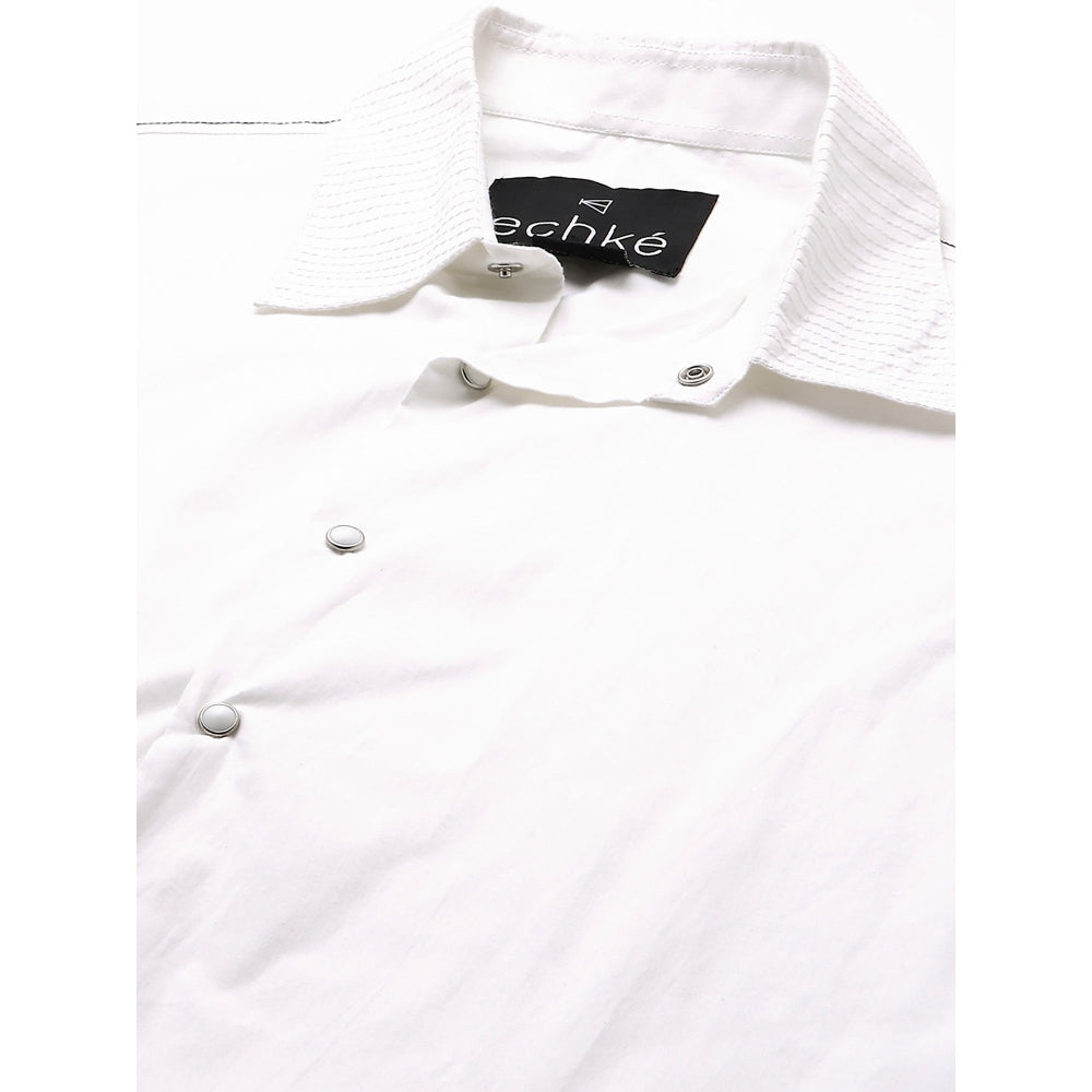 Echke White Shirt with Dark Denim and White Stitching Patch on Sleeves