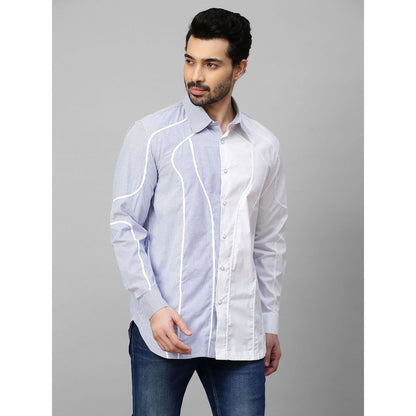 Echke White Shirt with Blue Stripes and Piping Panel on One Side