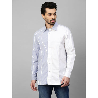 Echke White Shirt with Blue Stripes and Piping Panel on One Side