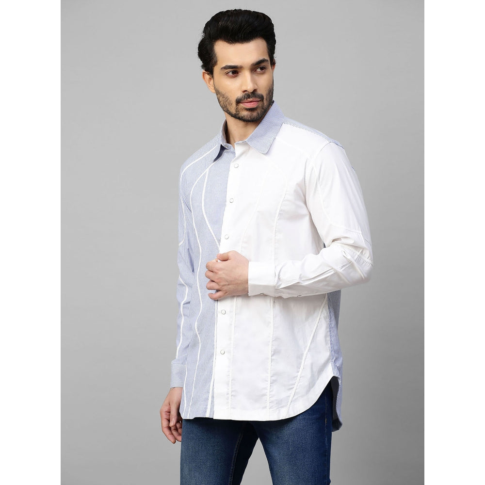 Echke White Shirt with Blue Stripes and Piping Panel on One Side