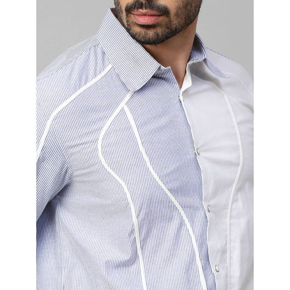 Echke White Shirt with Blue Stripes and Piping Panel on One Side