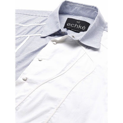 Echke White Shirt with Blue Stripes and Piping Panel on One Side
