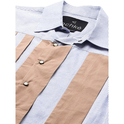 Echke Blue Striped Shirt with Light Khaki Patches on The Chest