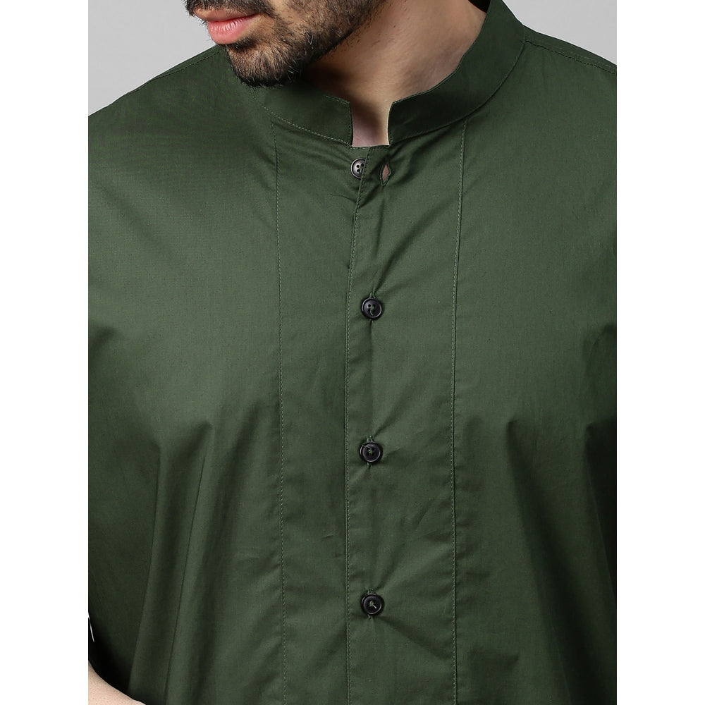 Echke Military Green Shirt with Chinese Collar and Grey Zipper Feature at The Back