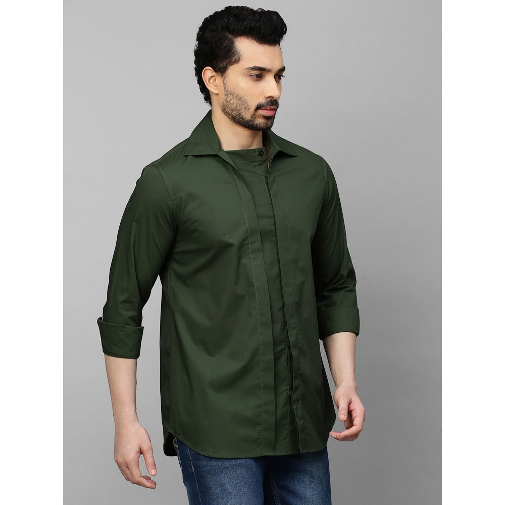 Echke Military Green Shirt Double Placket with Concealed Buttons