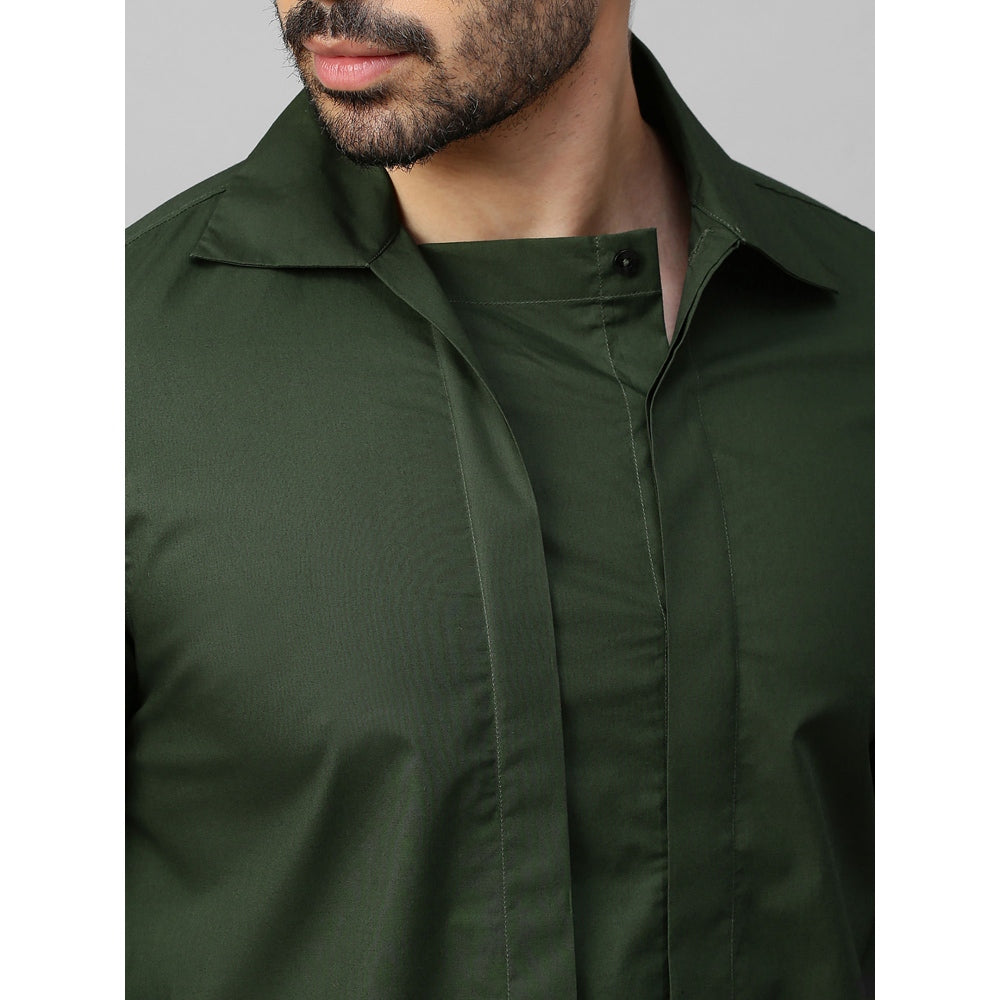 Echke Military Green Shirt Double Placket with Concealed Buttons