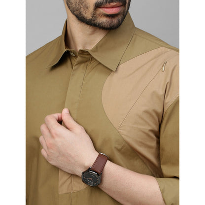 Echke Dark Khaki Shirt with Light Khaki Patch on Shoulder and Concealed Zipper