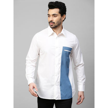 Echke White Shirt with Slate Blue Patch on One Side Slit Pocket Feature
