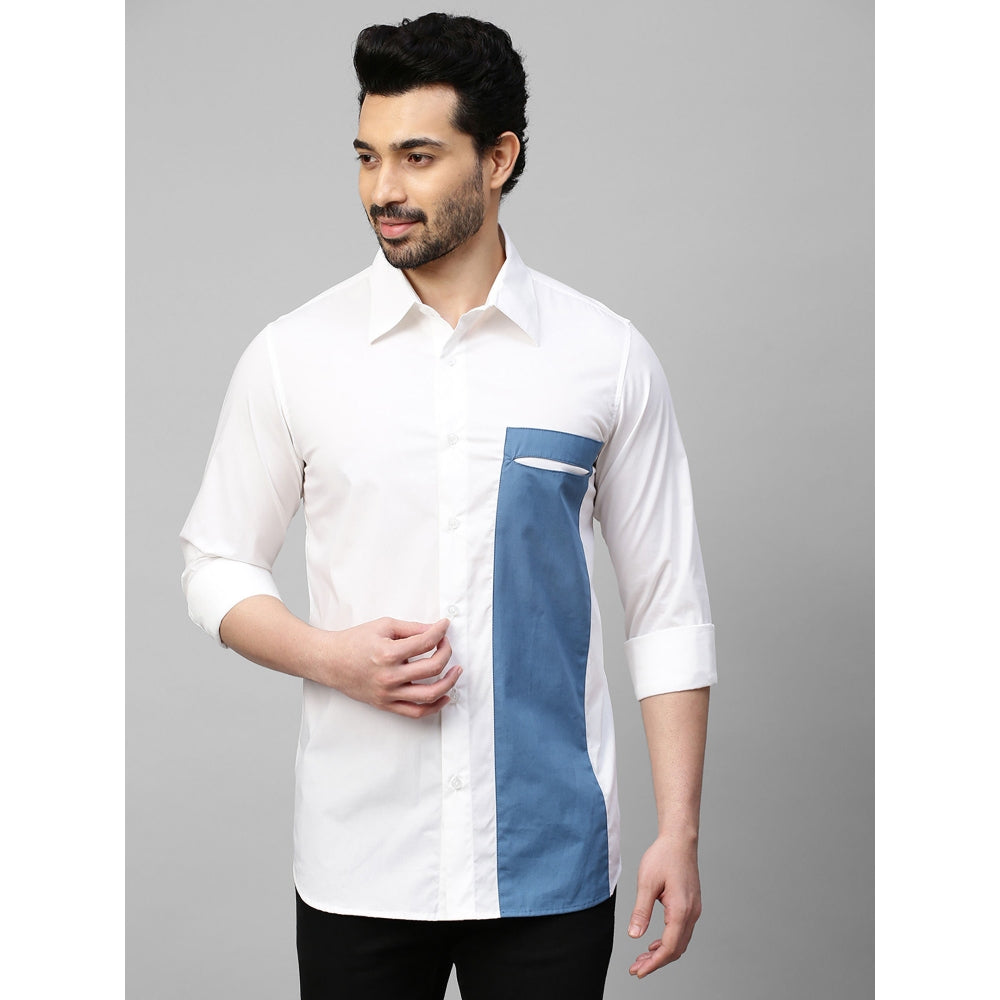 Echke White Shirt with Slate Blue Patch on One Side Slit Pocket Feature