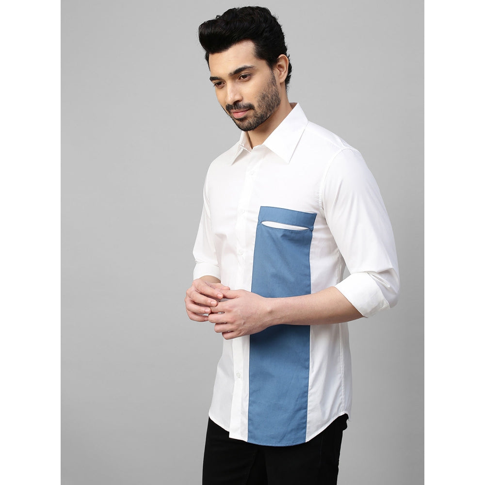 Echke White Shirt with Slate Blue Patch on One Side Slit Pocket Feature